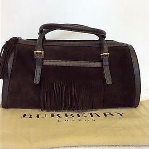 Burberry Dark Brown Suede Leather Trim Fringe Bag